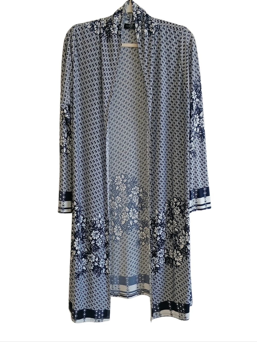 MADE BY JOHNNY Long Cardigan Duster Women's XL Blue White Floral Open Modest